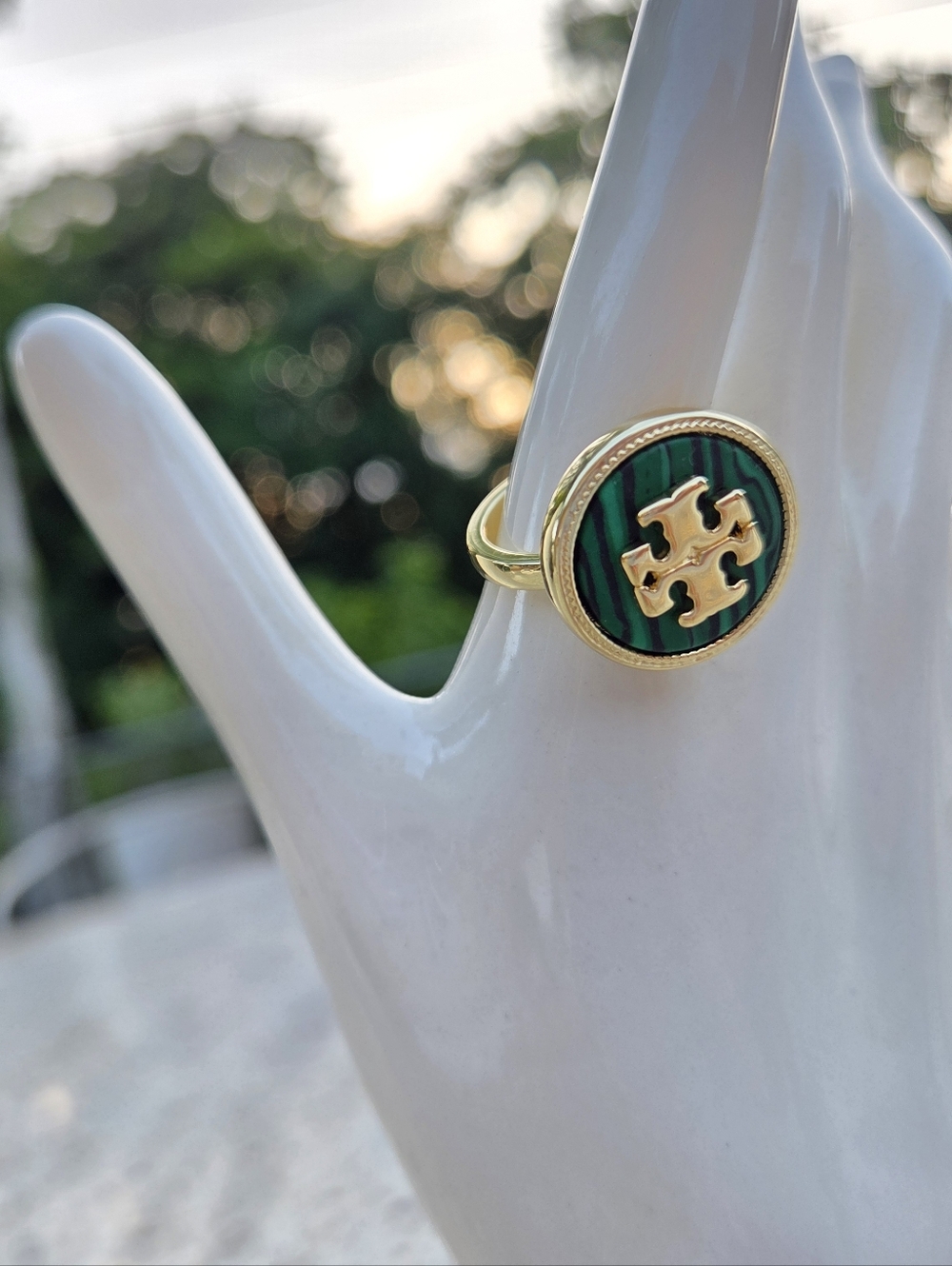 Tory Burch Style Green Stone Logo Ring Gold Tone